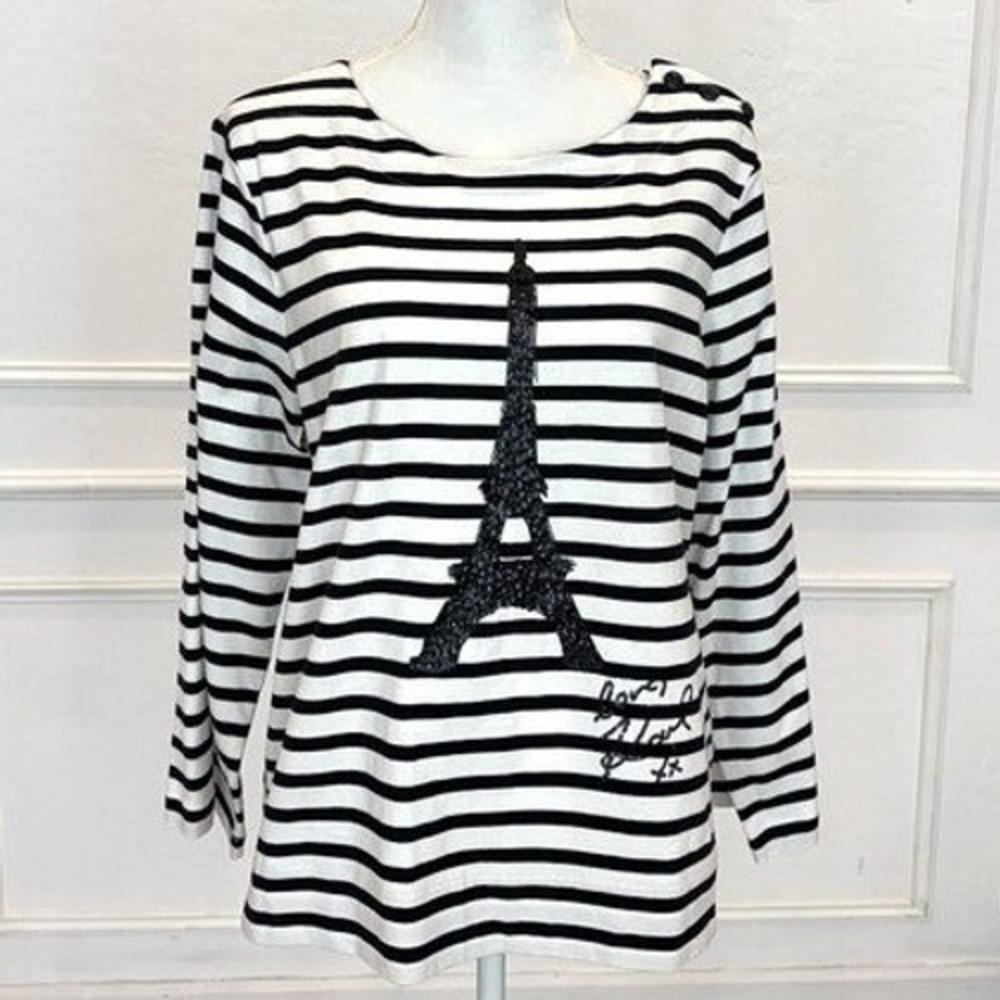 Karl Lagerfeld Paris Top Women L White Black Striped Eiffel Tower Chic Travel